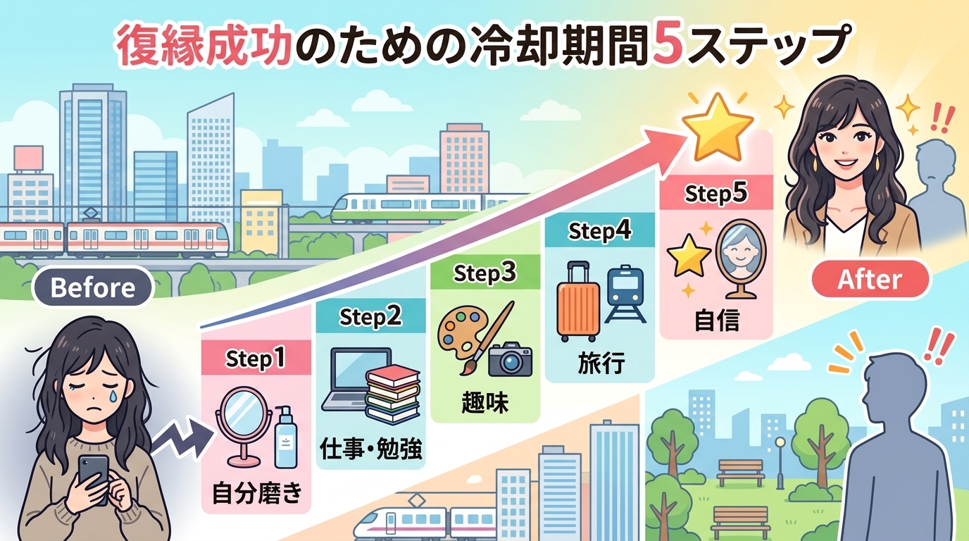 日本人の写真と現代日本の風景がベース。参照画像のテイストで生成。, 「復縁成功のための冷却期間5ステップ」というタイトルのインフォグラフィック。左下に悲しむ女性（Before）、右上に自信に満ちて輝く