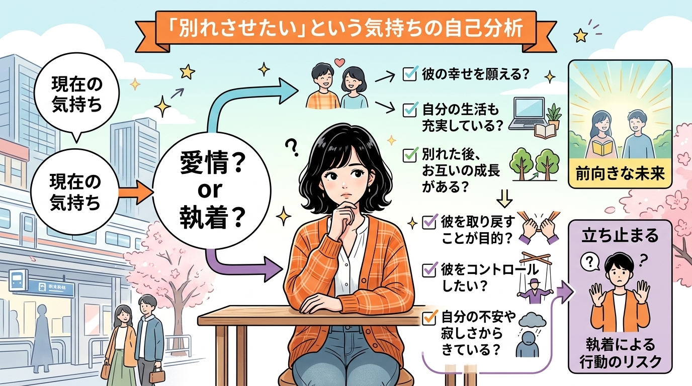 日本人の写真と現代日本の風景がベース。参照画像のテイストで生成。, 「別れさせたい」という気持ちを自己分析する思考フローチャートのインフォグラフィック。中央に悩む女性を配置し、「愛情？ or 執着？」
