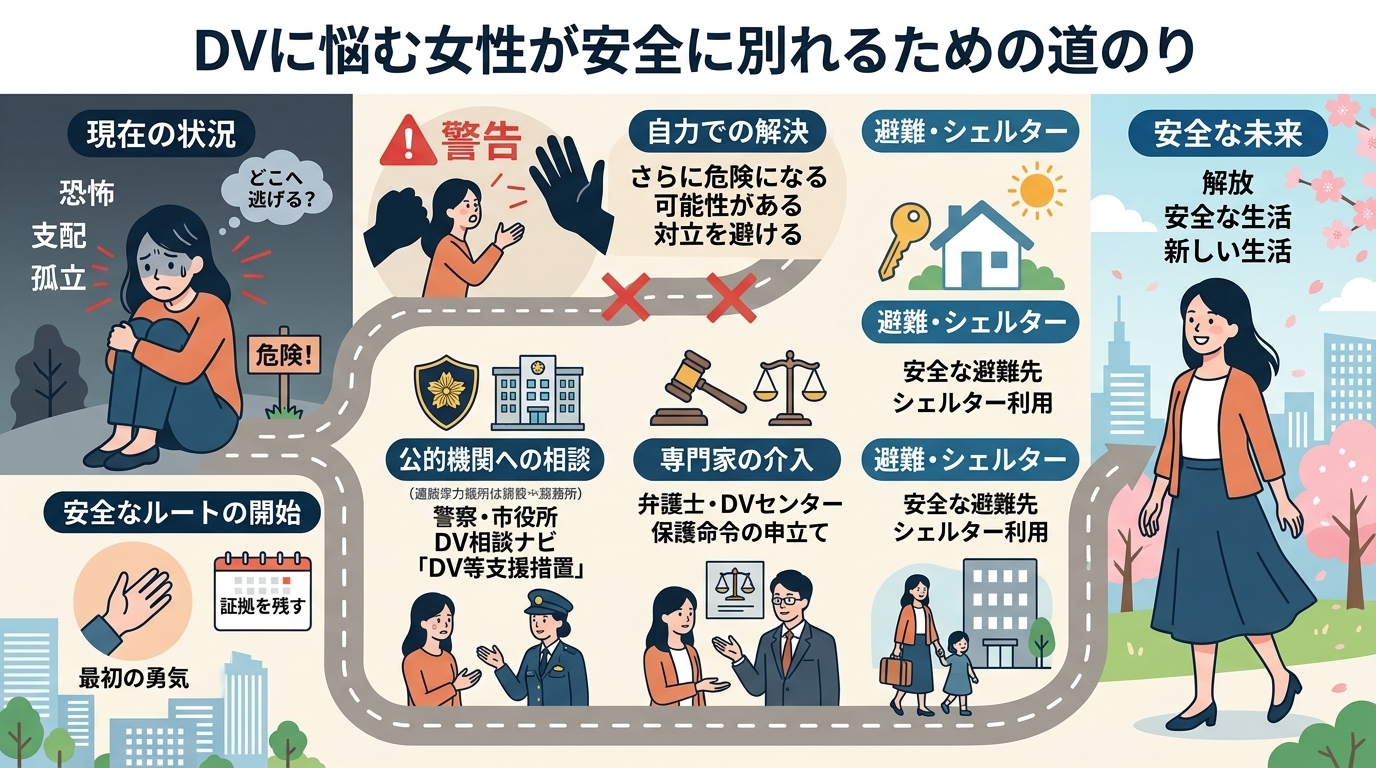 日本人の写真と現代日本の風景がベース。参照画像のテイストで生成。, DVに悩む女性が安全に別れるまでの道のりを描いた、ステップ形式のインフォグラフィック。フラットデザインのデジタルイラストで、左の暗い