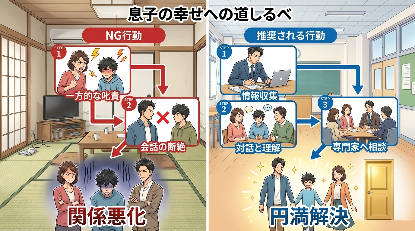 日本人の写真と現代日本の風景がベース。参照画像のテイストで生成。, 「息子の幸せへの道しるべ」というタイトルのインフォグラフィック。画面を左右に分割し、左に「NG行動」、右に「推奨される行動」をステッ