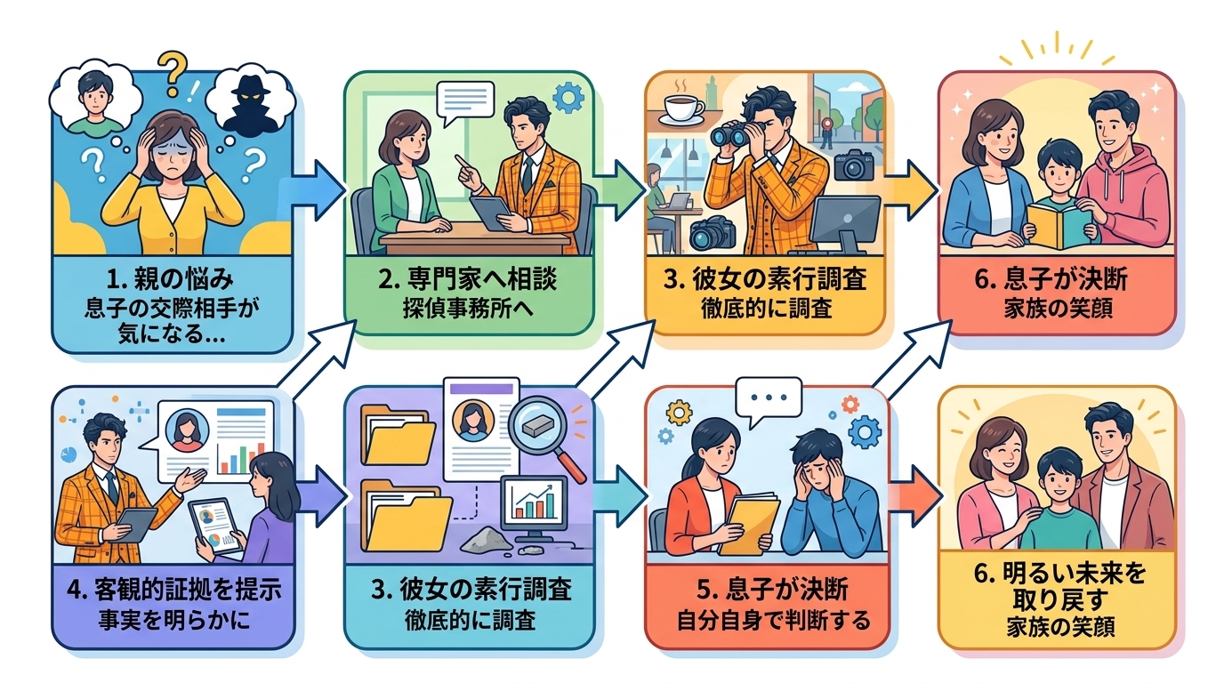 日本人の写真と現代日本の風景がベース。参照画像のテイストで生成。, インフォグラフィック、ステップ図。息子の交際相手に悩む母親が専門家に相談し、問題解決に至るまでの流れを6コマで描く。1.親の悩み→2