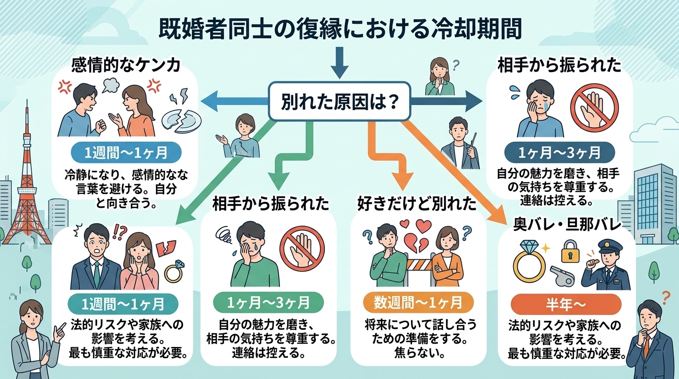 日本人の写真と現代日本の風景がベース。参照画像のテイストで生成。, 「既婚者同士の復縁における冷却期間」をテーマにしたインフォグラフィック。中央に「別れた原因は？」という問いを配置し、4つの状況（感情