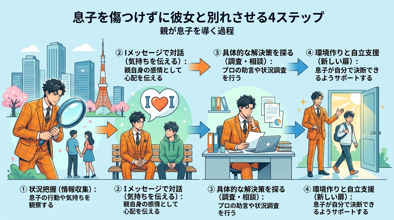 日本人の写真と現代日本の風景がベース。参照画像のテイストで生成。, インフォグラフィック、タイトル「息子を傷つけずに彼女と別れさせる4ステップ」。親が息子を導く過程を4つの段階で示すステップ図。①虫眼
