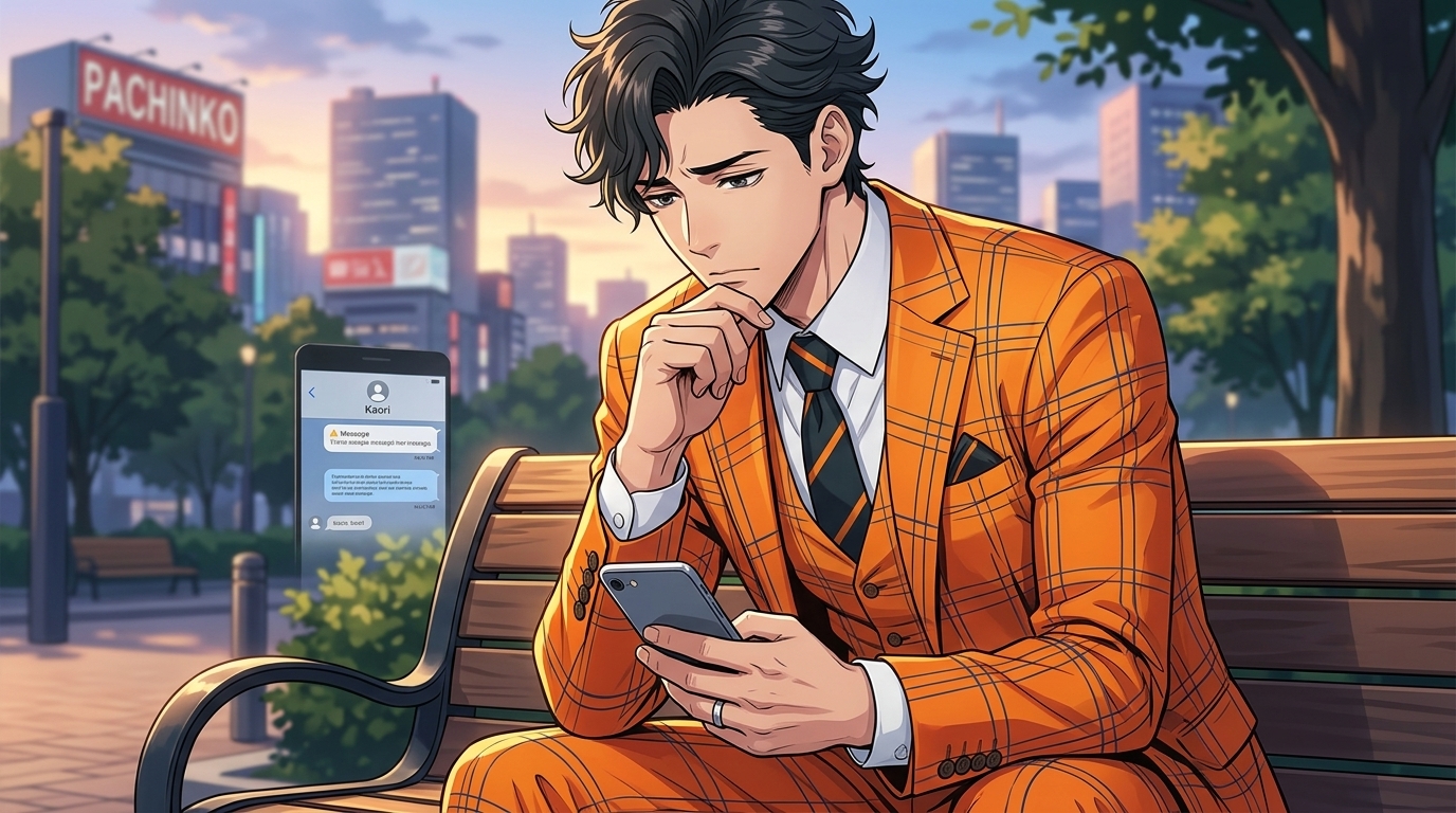 既婚者同士の復縁に悩み、スマートフォンを見つめながら物思いにふける人物のイメージイラスト]