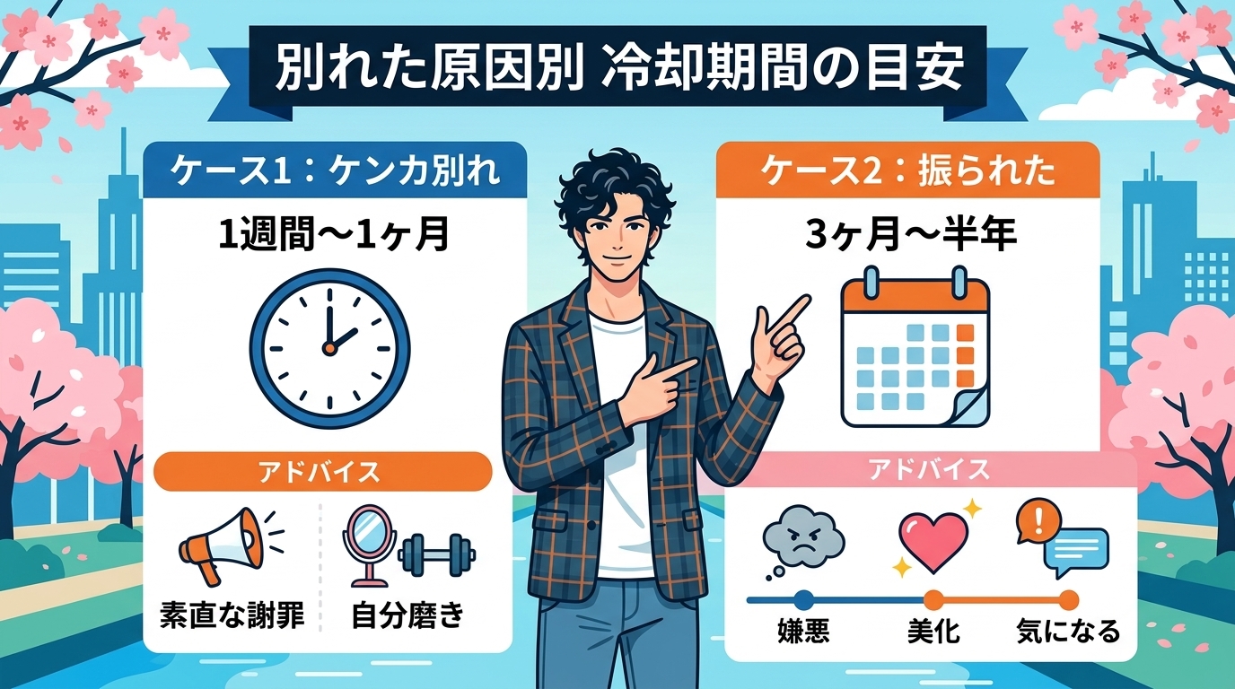 日本人の写真と現代日本の風景がベース。参照画像のテイストで生成。, 「復縁の冷却期間」をテーマにしたインフォグラフィック。上部に「別れた原因別 冷却期間の目安」とタイトルを配置。左右に2つのケースを比