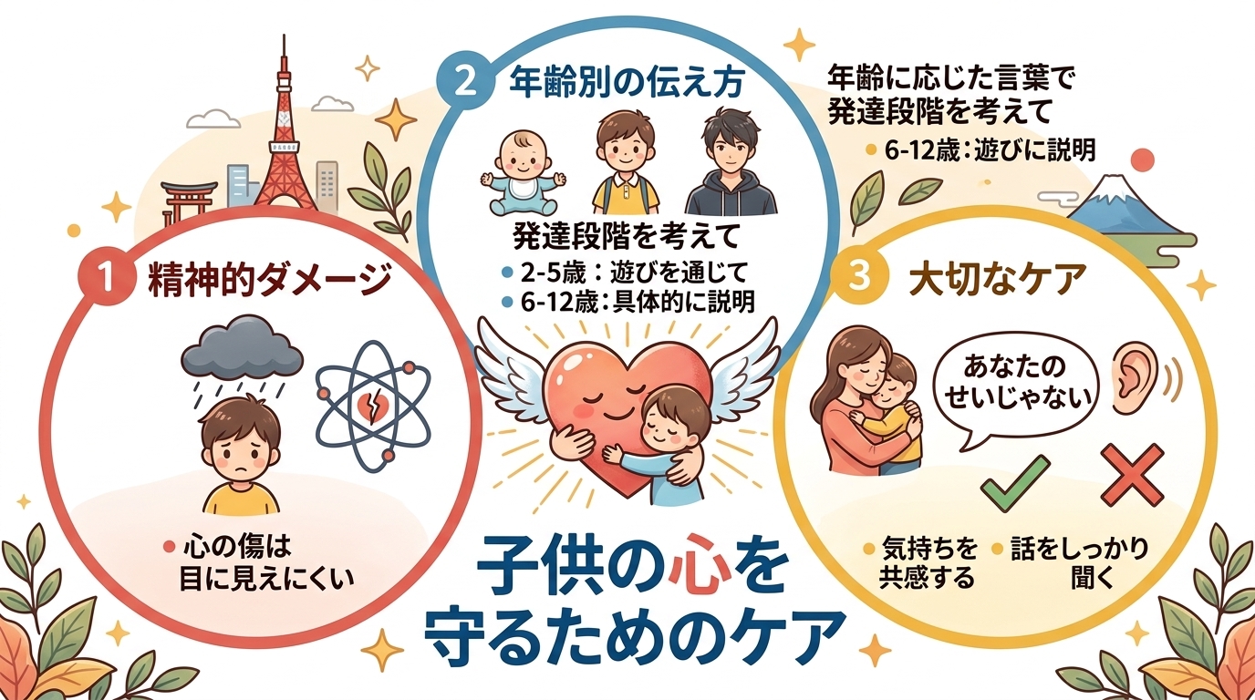 日本人の写真と現代日本の風景がベース。参照画像のテイストで生成。, 「子供の心を守るためのケア」というテーマのインフォグラフィック。中央にハートで優しく包まれた子供のイラストを配置。その周囲に「精神的