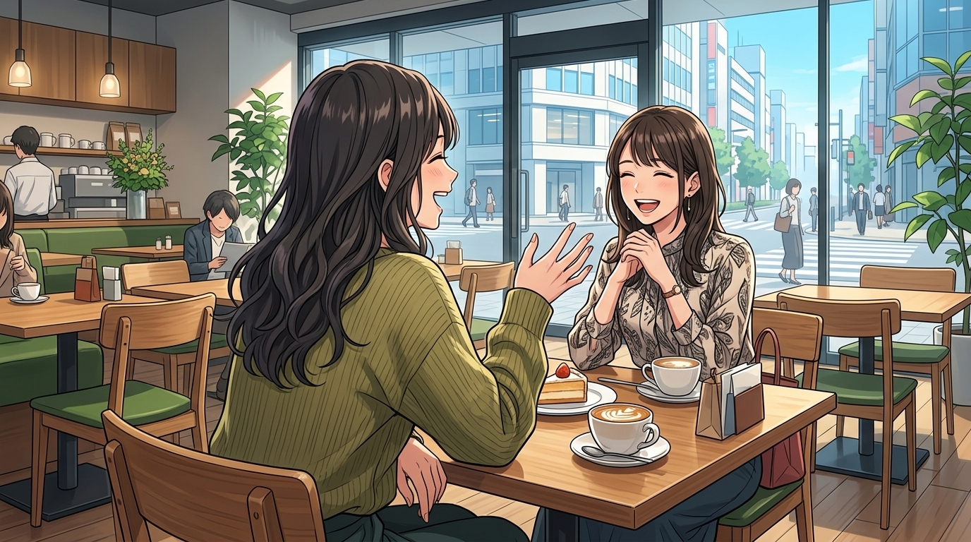 恐怖から解放され、カフェで友人と楽しそうに談笑する女性のイメージ写真（顔は分からないよう配慮）]