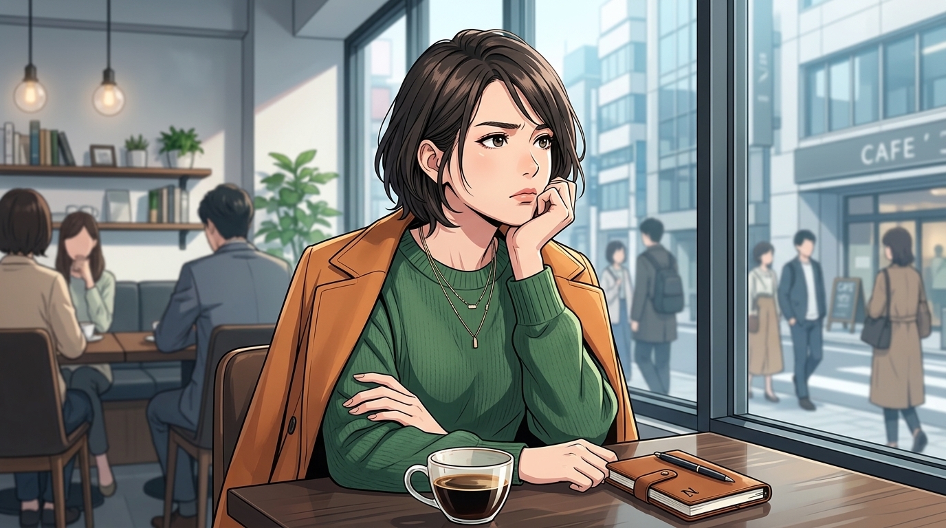 カフェで一人、深く考え込んでいる女性のイメージ写真。深刻だが絶望的ではない、冷静さを取り戻そうとしている雰囲気が伝わるもの。]