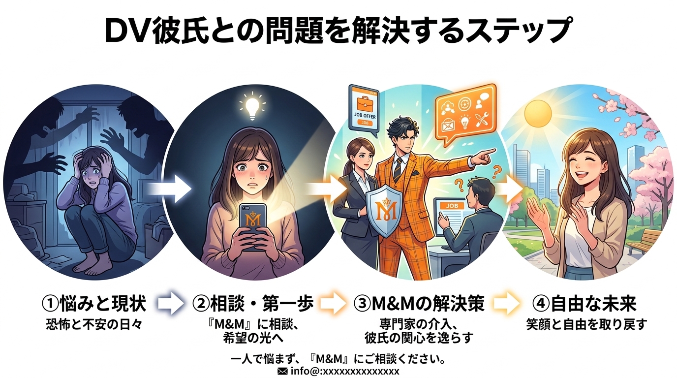 日本人の写真と現代日本の風景がベース。参照画像のテイストで生成。, インフォグラフィック、DV彼氏との問題を解決するプロセスを示す4ステップのフロー図。親しみやすいフラットデザインのデジタルイラストで