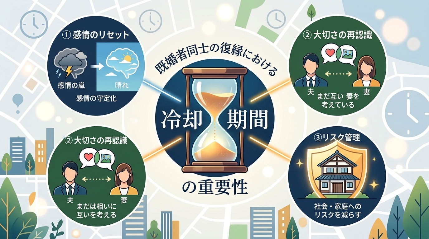 日本人の写真と現代日本の風景がベース。参照画像のテイストで生成。, 「既婚者同士の復縁における冷却期間の重要性」をテーマにしたインフォグラフィック。中央に「冷却期間」と書かれた砂時計を配置。そこから3