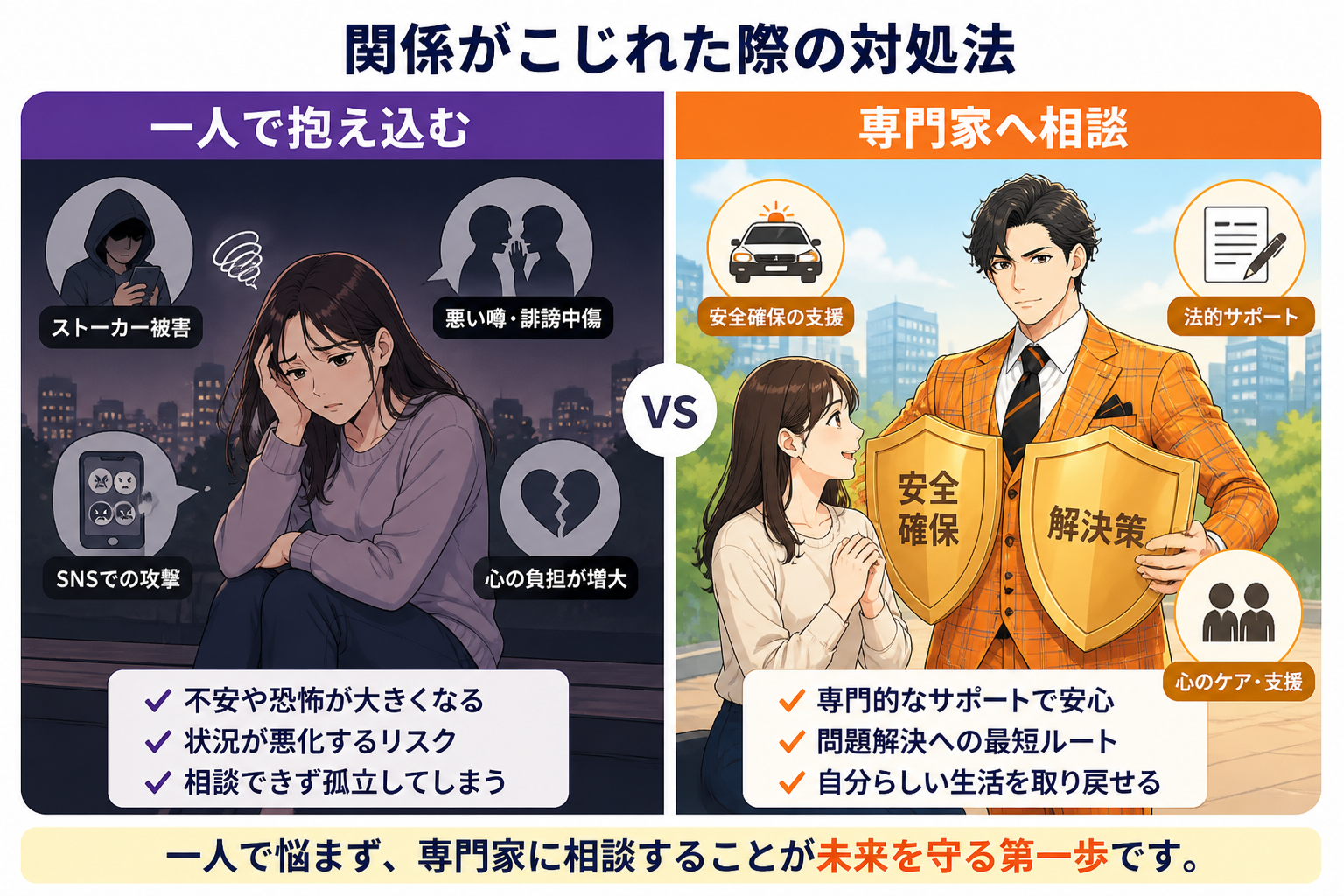 日本人の写真と現代日本の風景がベース。参照画像のテイストで生成。, 関係がこじれた際の対処法を示すインフォグラフィック。画面を左右に2分割した比較図。左側は「一人で抱え込む」状況で、悩む女性がストーカ