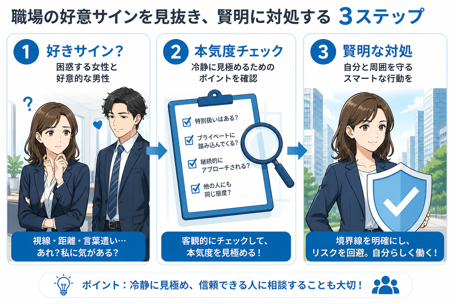 日本人の写真と現代日本の風景がベース。参照画像のテイストで生成。, インフォグラフィック、職場の既婚女性が独身男性からの好意サインを見抜き、賢明に対処する流れを示す3ステップのフロー図。1.「好きサイ