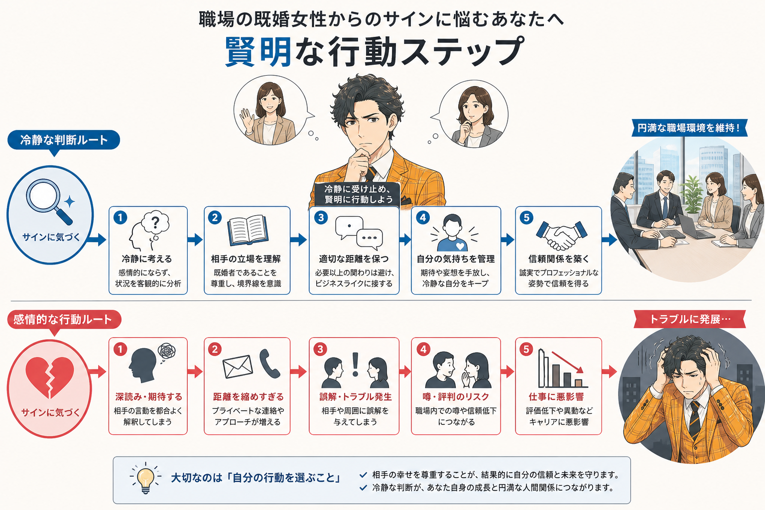 日本人の写真と現代日本の風景がベース。参照画像のテイストで生成。, インフォグラフィック、フローチャート。職場の既婚女性からのサインに悩む男性会社員を中心にした賢明な行動のステップ図。上段は「冷静な判