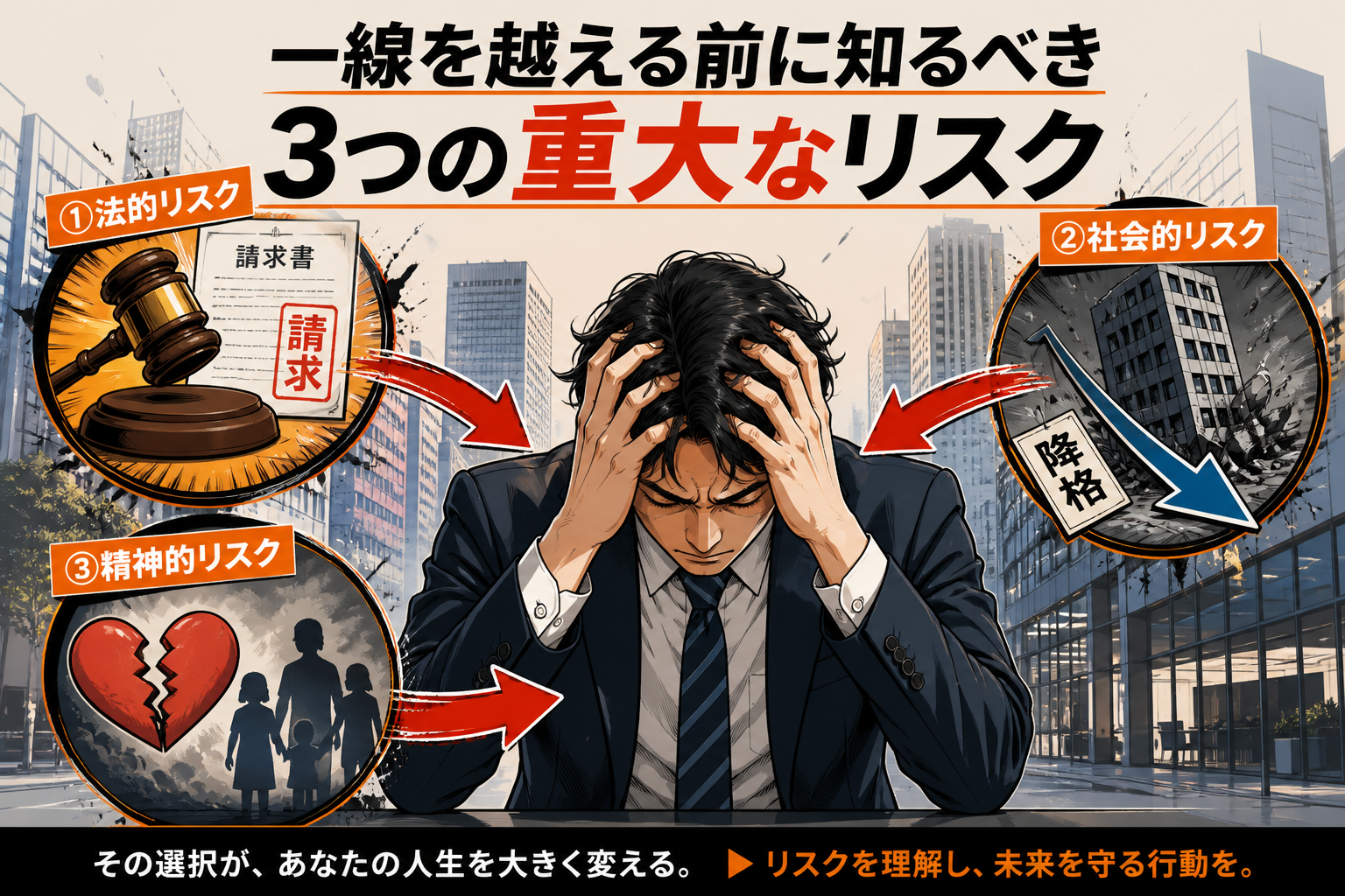 日本人の写真と現代日本の風景がベース。参照画像のテイストで生成。, インフォグラフィック、モダンなデジタルイラスト。中央に頭を抱えるスーツ姿の男性を配置。その周囲に①「法的リスク」として裁判ハンマーと