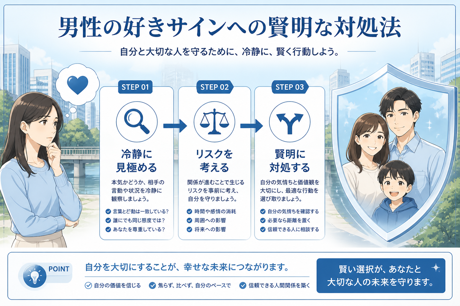 日本人の写真と現代日本の風景がベース。参照画像のテイストで生成。, インフォグラフィック、フローチャート形式。テーマは「男性の好きサインへの賢明な対処法」。フラットデザインのデジタルイラストで、左から