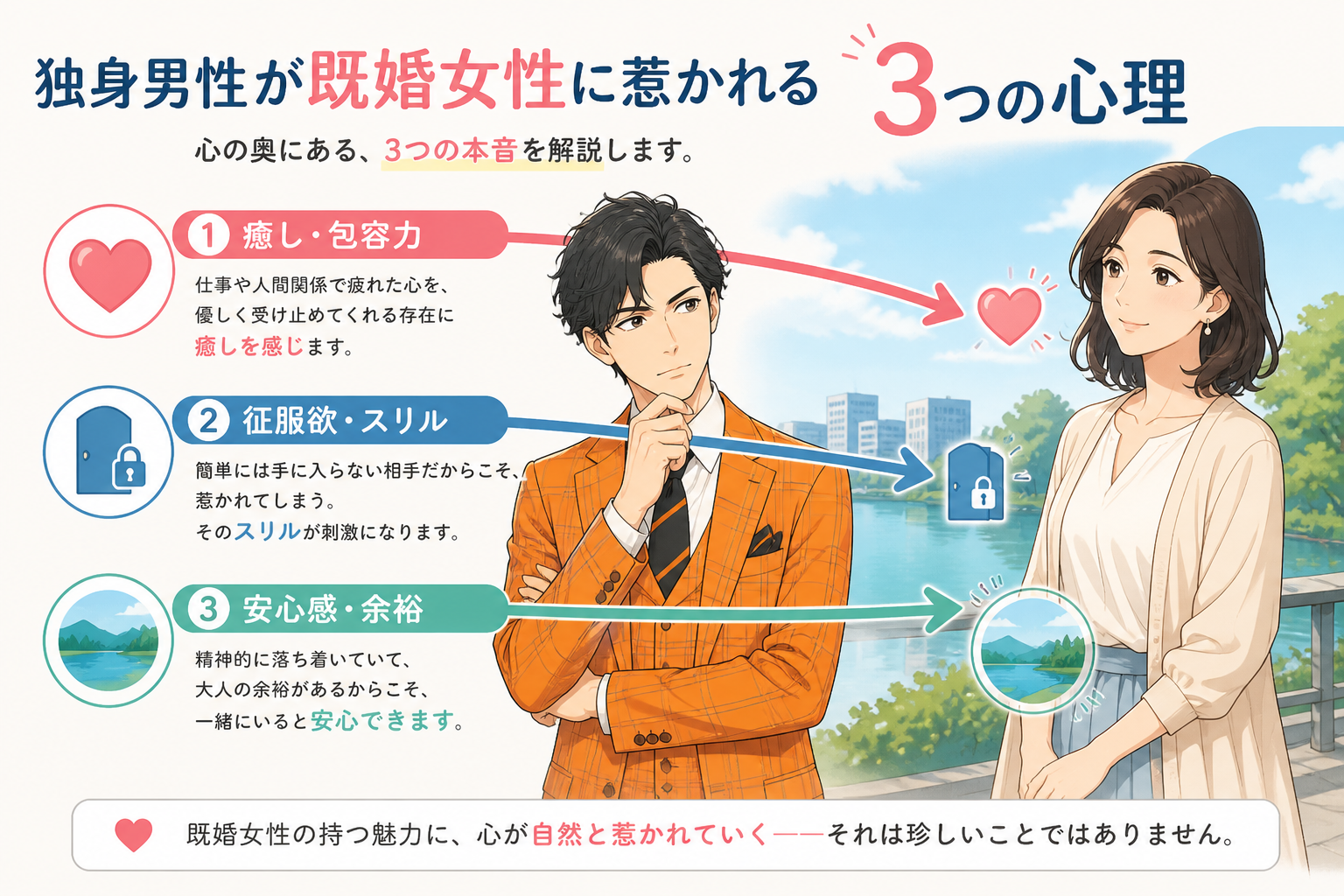 日本人の写真と現代日本の風景がベース。参照画像のテイストで生成。, インフォグラフィック、独身男性が既婚女性に惹かれる3つの心理の図解。中央の男性から、穏やかな既婚女性へ向かう3つの思考の矢印。矢印1