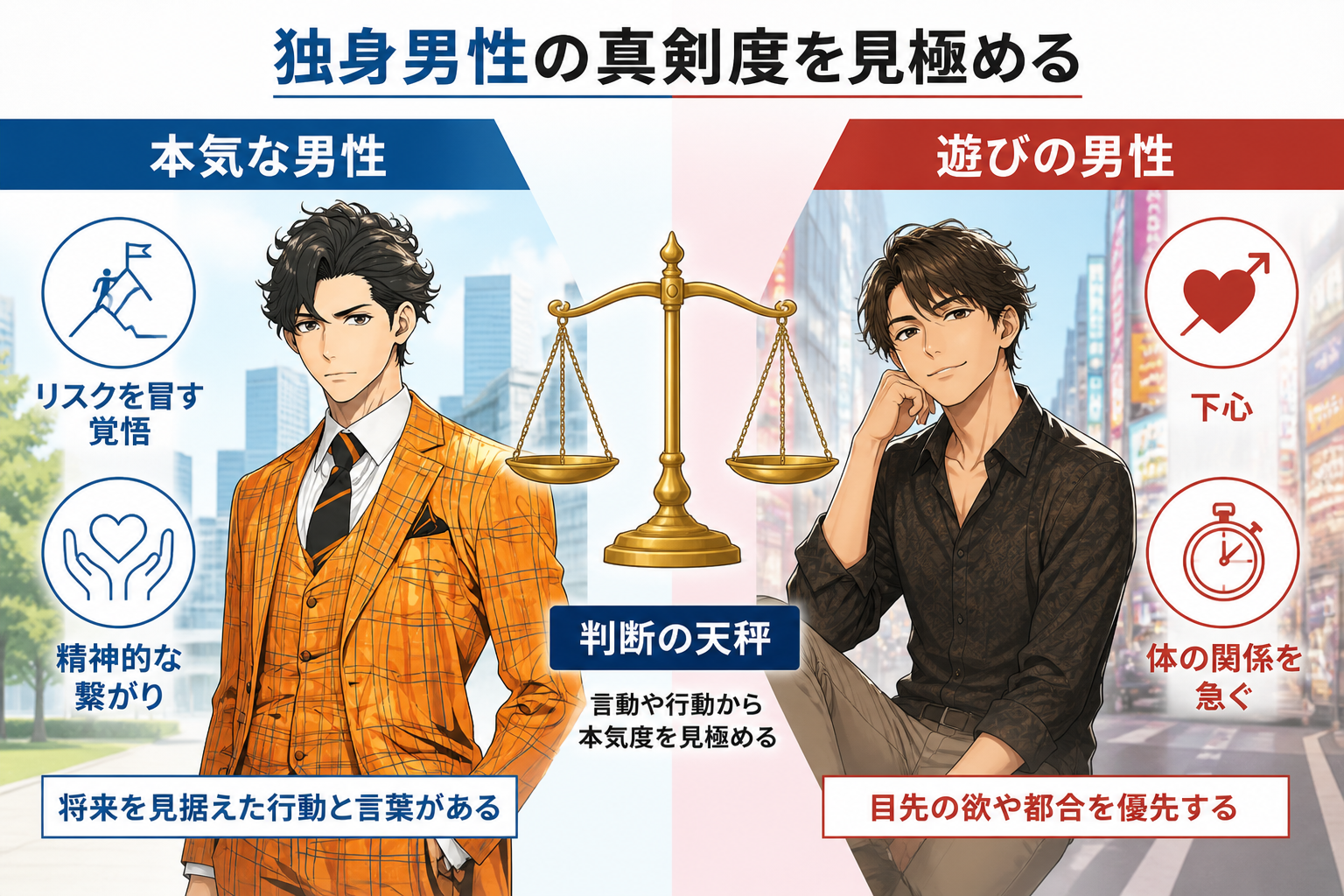日本人の写真と現代日本の風景がベース。参照画像のテイストで生成。, 「独身男性の真剣度を見極める」というテーマのインフォグラフィック。画面を左右に分割した比較図で、左に「本気な男性」、右に「遊びの男性
