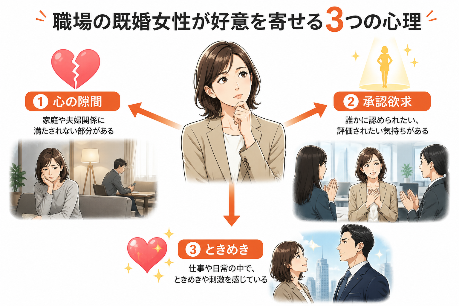 日本人の写真と現代日本の風景がベース。参照画像のテイストで生成。, インフォグラフィック図解。「職場の既婚女性が好意を寄せる3つの心理」というタイトル。中央に物思いにふける女性。彼女から3つの矢印が伸