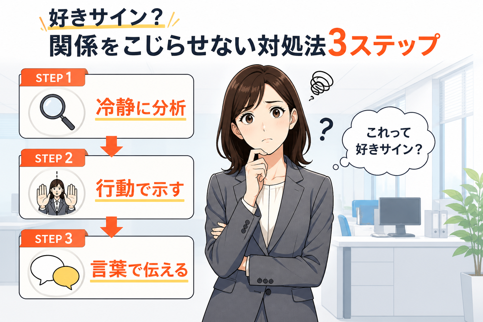 日本人の写真と現代日本の風景がベース。参照画像のテイストで生成。, インフォグラフィック、ステップ図。タイトルは「好きサイン？関係をこじらせない対処法3ステップ」。困惑する女性会社員を中心に、上から下